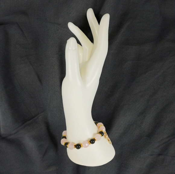Rose Quartz Black Onyx Bracelet with Sparkling Gold Bow Charm Y2K Coqeutte Girl - Picture 7 of 9